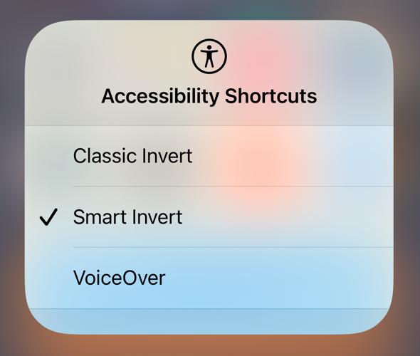 Accessibility Shortcuts with Classic Invert, Smart Invert and VoiceOver options