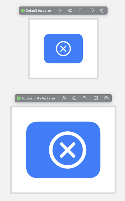 Blue rounded buttons with white cross in circle. Top image at default text size has circle centered, bottom image at accessibility text size has button offset to the right.