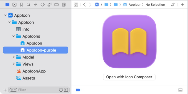 Project navigator showing AppIcon and AppIcon-purple icon files