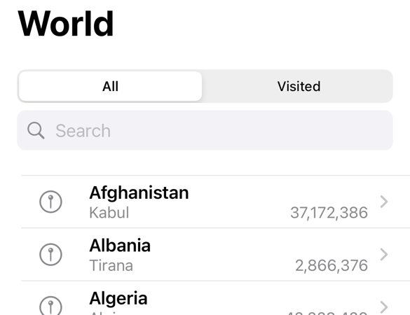 World navigation view showing a list of countries