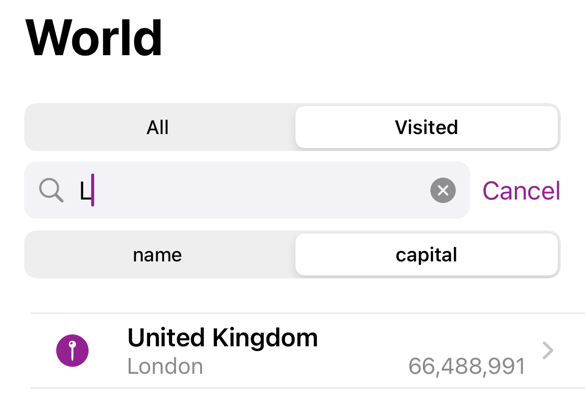 Search query matching visited countries with capital starting with L