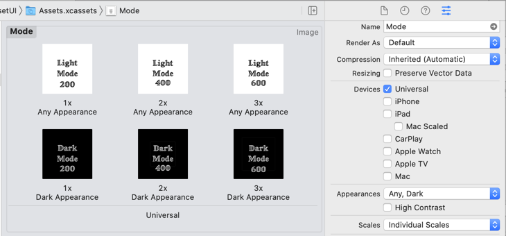 Asset catalog showing light and dark image variations at 1x, 2x and 3x