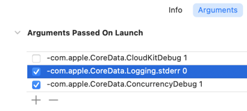 Xcode scheme launch arguments with Core Data stderr logging set to 0