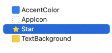 Asset catalog containing a blue accent color, empty app icon, yellow star image and yellow text background color