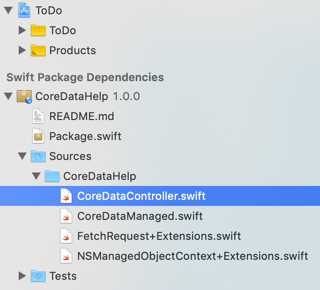 Xcode file navigator showing Swift package dependency