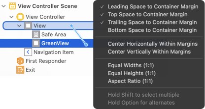 Adding leading, top and trailing space constraints between the green view and container margin of the root view