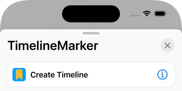 Shortcuts app showing Create Timeline shortcut for TimelineMarker app