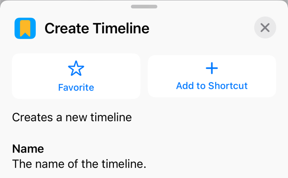 Create Timeline action listing Name parameter with description