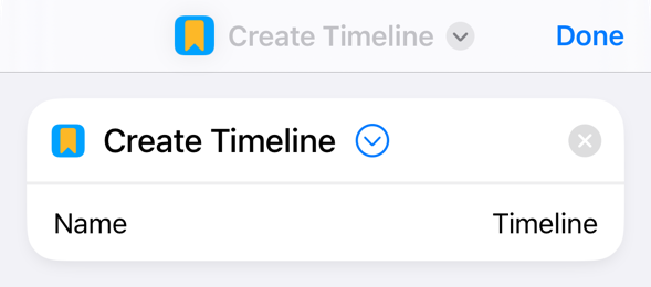 Create Timeline action showing Name parameter with default value of Timeline