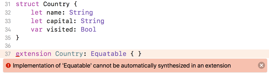 Xcode error message: Equatable cannot be automatically synthesized in an extension