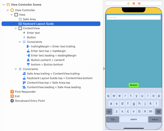 Interface Builder canvas showing keyboard with button visible