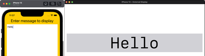 iPhone simulator and external display showing hello message