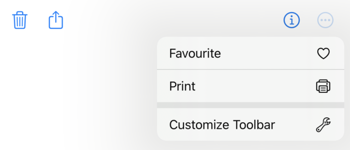 Toolbar contains trash and share icons. Open overflow menu shows favourite, print and customize toolbar actions