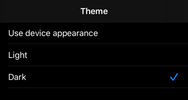 App Theme Setting with three options: device appearance, light and dark (selected)