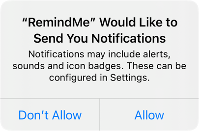 System alert - Remind me would like to send you notifications. Don’t Allow and Allow buttons.