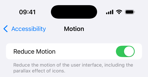 Reduce motion enabled in the iPhone accessibility settings
