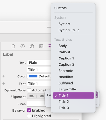 Selecting the Title 1 text style in Interface Builder
