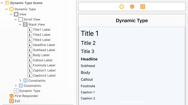 A stack view in Interface Builder with ten labels, one for each text style