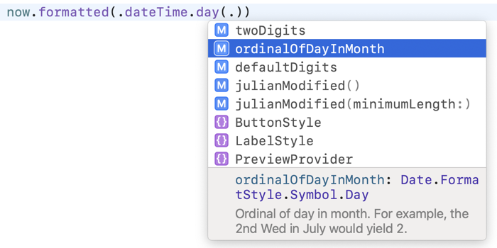 Xcode autocomplete showing example of .day usage