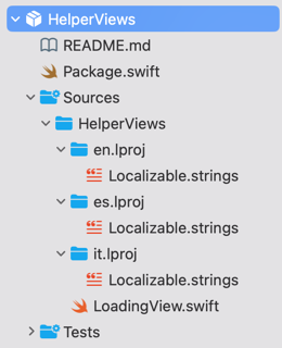 Folder structure for HelperViews package with en.lproj, es.lproj and it.lproj directories containing Localizable.strings files below Sources/HelperViews.