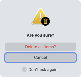 macOS dialog with exclamation mark in yellow triangle and smaller trash icon