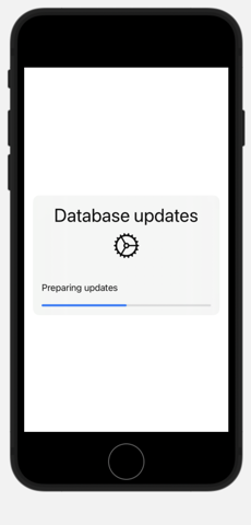 Dialog titled database updates with a gear icon and progress bar at 50% labelled preparing updates centered in iPhone SE