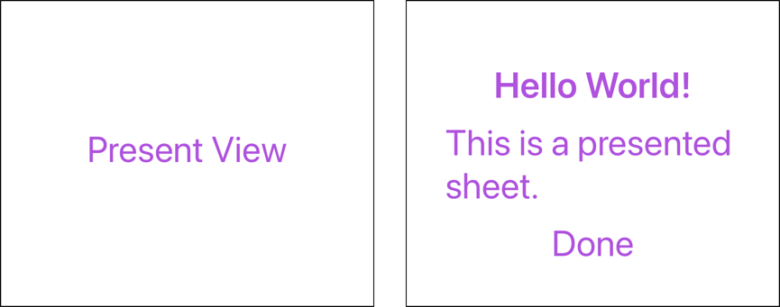 Root view and presented sheet view. Both have purple text.