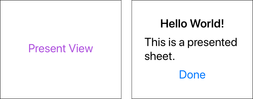 Root view with purple text and presented sheet view with default black text and blue tinted button.