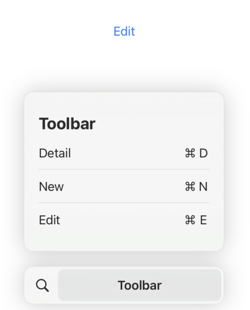 Detail view with Toolbar HUD showing command-D, command-N, and command-E shortcuts