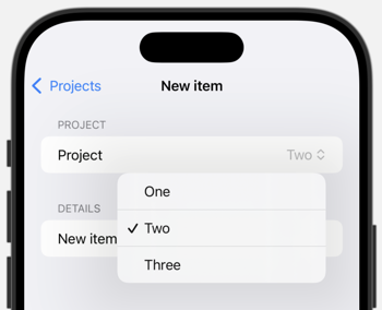Project picker with three items named one, two, three. Two is selected
