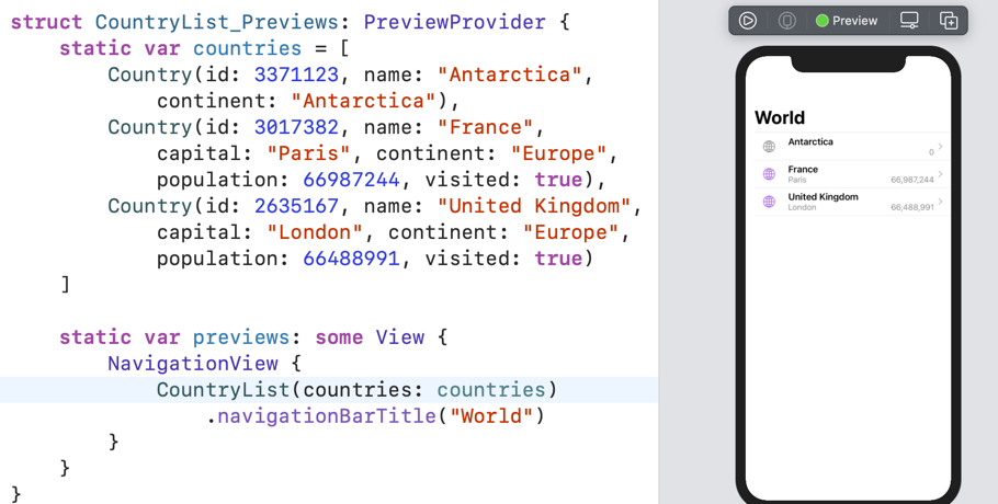 Xcode preview of list data