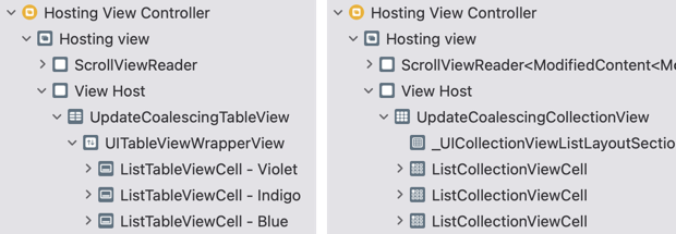 View debugger showing UITableViewWrapperView on the left and UpdateCoalescingCollectionView on the right