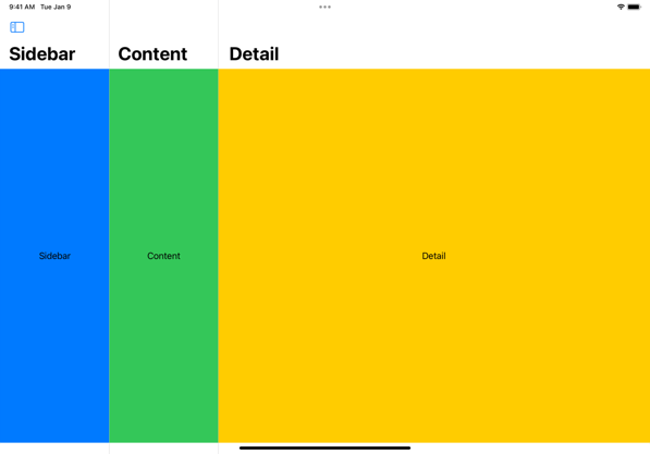 Three column, landscape split view, blue sidebar and green content columns are narrow and have equal width. The yellow detail view fills the remaining space.