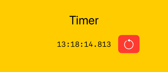 Timestamp showing 13:18:14.812 centered in view below Timer label. Red refresh button to the right on a yellow background