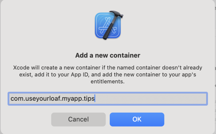 Add a new container dialog showing com.useyourloaf.myapp.tips.