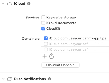 iCloud capability with CloudKit enabled and iCloud.com.useyourloaf.myapp.tips selected