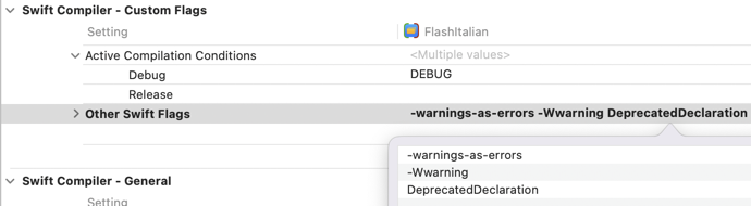 -Wwarning and DeprecatedDeclaration on separate lines