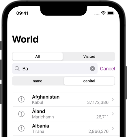 Search scope is capitals beginning &ldquo;Ba&rdquo; but country list does not match