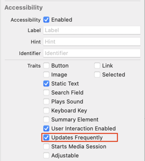 Xcode accessibility settings for label with updates frequently ticked and highlighted in a red box