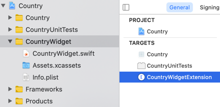 Xcode file navigator showing Widget extension
