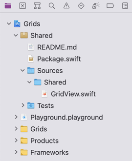 Xcode project navigator with Shared package containing GridView.swift