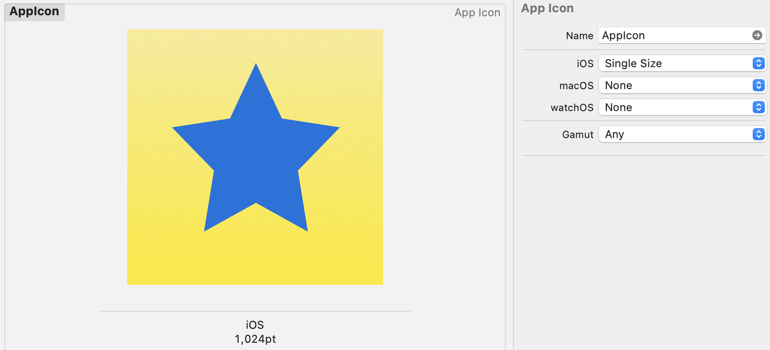 1024 point blue star on yellow background app icon with iOS Single Size option