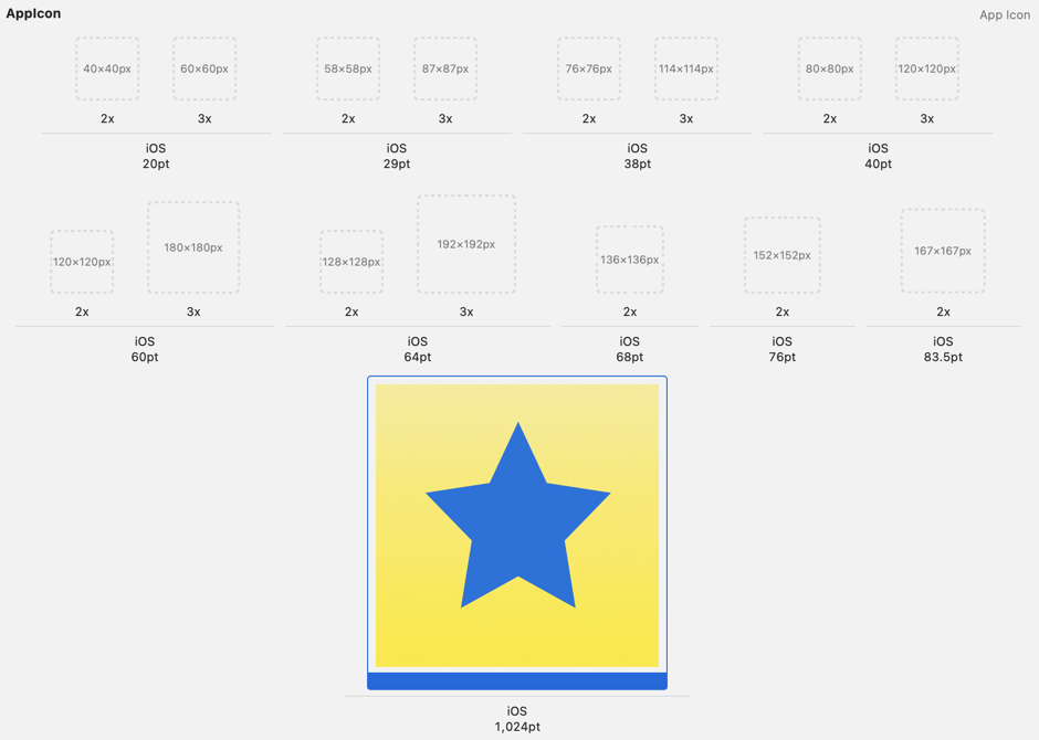 App icon in asset catalog showing 16 icon sizes. Only the 1024 point size is filled with a blue star on yellow background icon