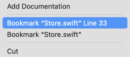 Context menu with bookmark store.swift line 33 selected