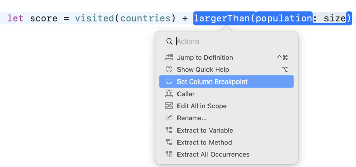 Code actions menu with Set Column Breakpoint selected