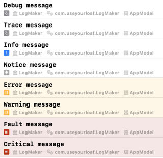 Xcode console showing debug, trace, info, notice, error, warning, fault and critical messages. Error and warning are highlighted yellow. Fault and critical are red.