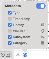 Metadata options with type, library, subsystem, and category enabled. Timestamp and PID:TID disabled.