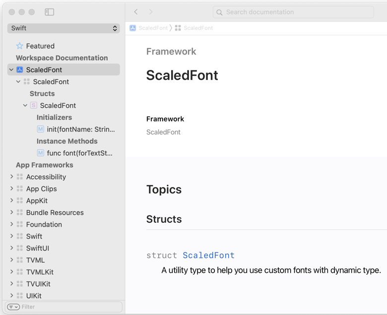 Xcode document organizer showing ScaledFont in Workspace Documentation