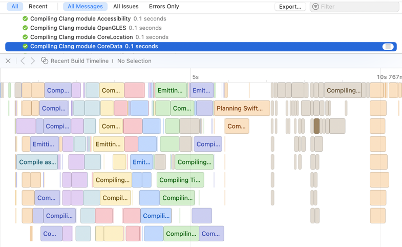 Xcode build log with timeline below