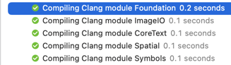 Build log highlighting Compiling Clang module Foundation 0.2 seconds